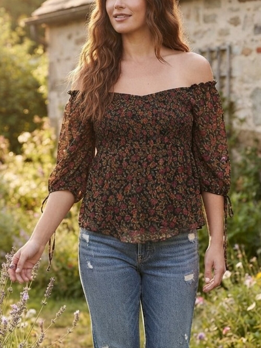 American Eagle Floral Smocked Puff Sleeve Peplum Top Small